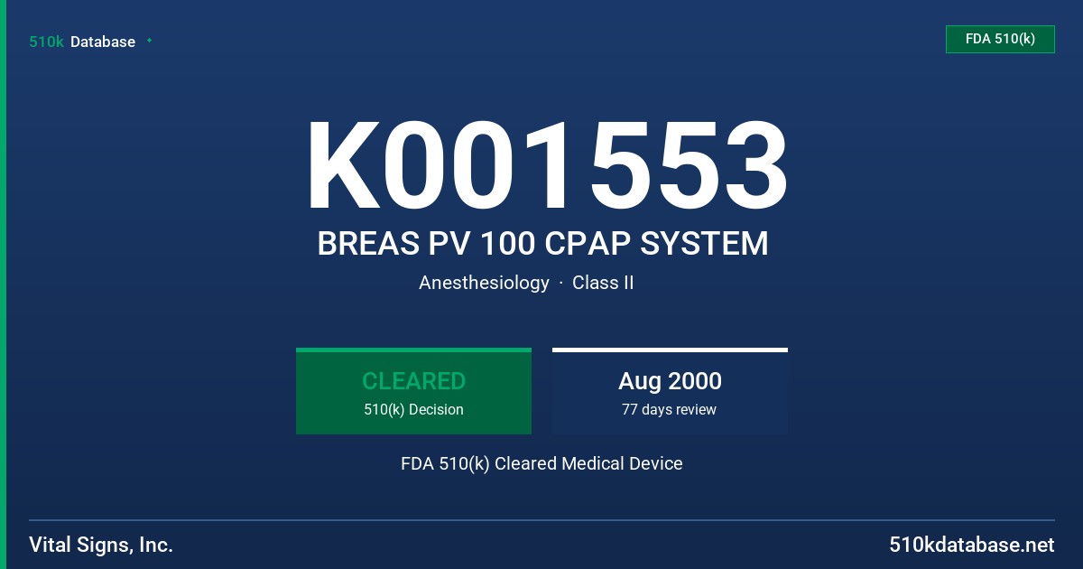 K001553 BREAS PV 100 CPAP SYSTEM FDA 510(k) Cleared Medical Device