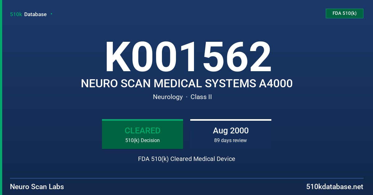 K001562 NEURO SCAN MEDICAL SYSTEMS A4000 FDA 510(k) Cleared Medical Device