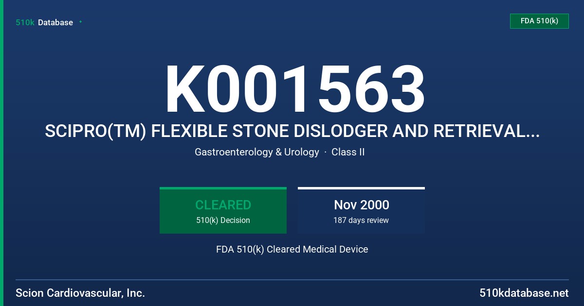 K001563 SCIPRO(TM) FLEXIBLE STONE DISLODGER AND RETRIEVAL SET FDA 510(k) Cleared Medical Device