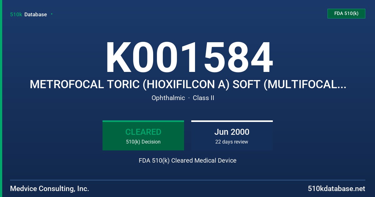 K001584 METROFOCAL TORIC (HIOXIFILCON A) SOFT (MULTIFOCAL) DAILY WEAR CONTACT LENS (CLEAR & BLUE VISIBILITY TINT, LATHE-CUT FDA 510(k) Cleared Medical Device