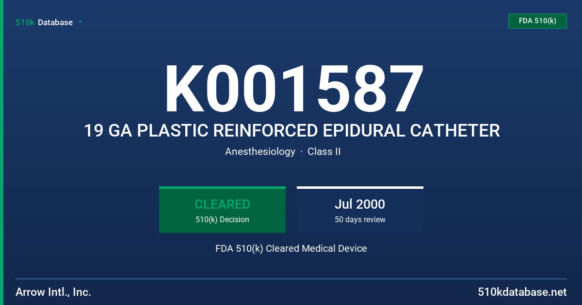 K001587 19 GA PLASTIC REINFORCED EPIDURAL CATHETER FDA 510(k) Cleared Medical Device