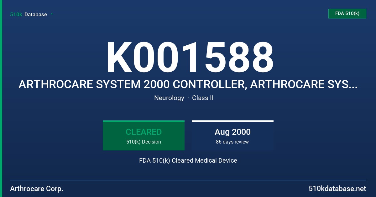 K001588 ARTHROCARE SYSTEM 2000 CONTROLLER, ARTHROCARE SYSTEM 2000 CABLE, ARTHROCARE SYSTEM 2000 FOOTSWITCH, ARTHROCARE SYSTEM 20 FDA 510(k) Cleared Medical Device