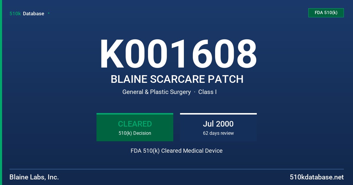 K001608 BLAINE SCARCARE PATCH FDA 510(k) Cleared Medical Device