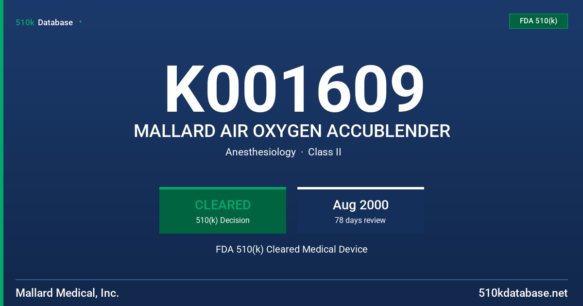 K001609 MALLARD AIR OXYGEN ACCUBLENDER FDA 510(k) Cleared Medical Device