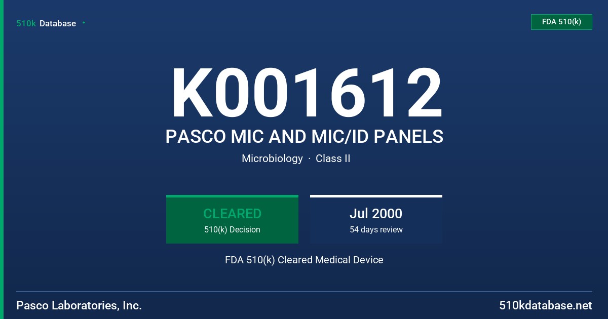 K001612 PASCO MIC AND MIC/ID PANELS FDA 510(k) Cleared Medical Device