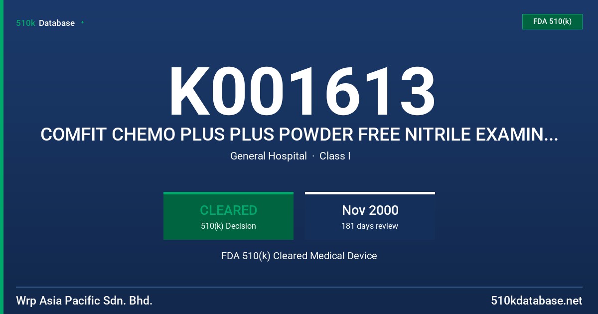 K001613 COMFIT CHEMO PLUS PLUS POWDER FREE NITRILE EXAMINATION GLOVES (TESTED FOR USE WITH CHEMOTHERAPY DRUGS) FDA 510(k) Cleared Medical Device