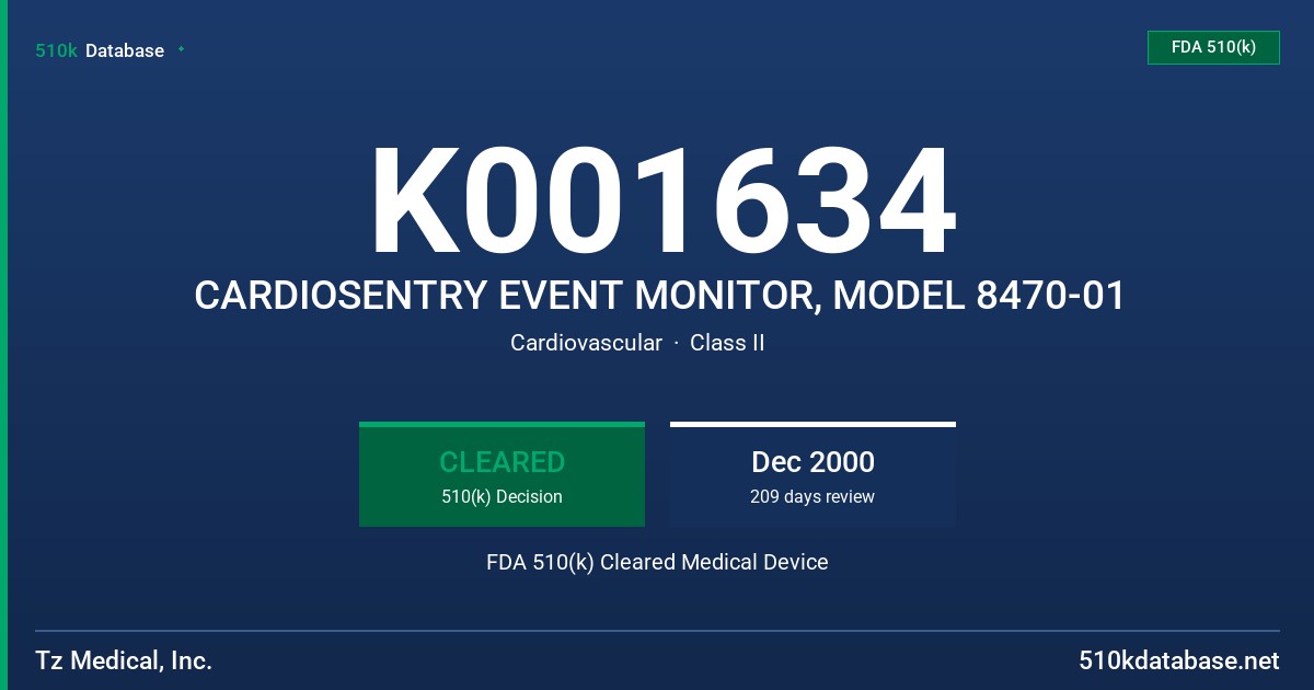 K001634 CARDIOSENTRY EVENT MONITOR, MODEL 8470-01 FDA 510(k) Cleared Medical Device