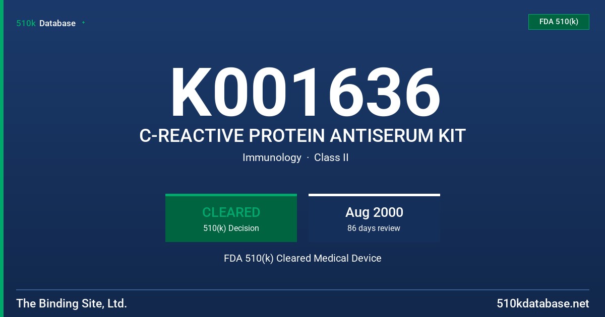 K001636 C-REACTIVE PROTEIN ANTISERUM KIT FDA 510(k) Cleared Medical Device