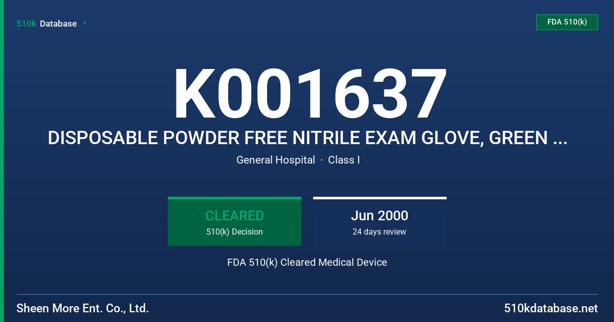 K001637 DISPOSABLE POWDER FREE NITRILE EXAM GLOVE, GREEN COLOR FDA 510(k) Cleared Medical Device