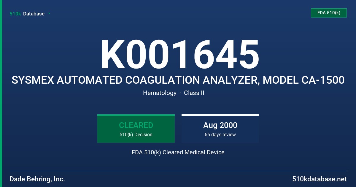 K001645 SYSMEX AUTOMATED COAGULATION ANALYZER, MODEL CA-1500 FDA 510(k) Cleared Medical Device