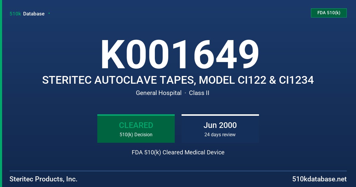 K001649 STERITEC AUTOCLAVE TAPES, MODEL CI122 & CI1234 FDA 510(k) Cleared Medical Device