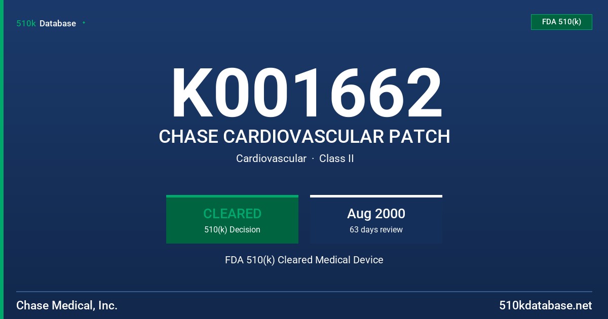 K001662 CHASE CARDIOVASCULAR PATCH FDA 510(k) Cleared Medical Device