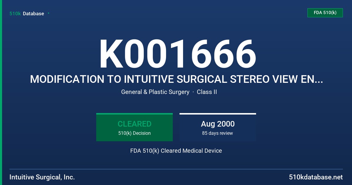 K001666 MODIFICATION TO INTUITIVE SURGICAL STEREO VIEW ENDOSCOPIC SYSTEM FDA 510(k) Cleared Medical Device