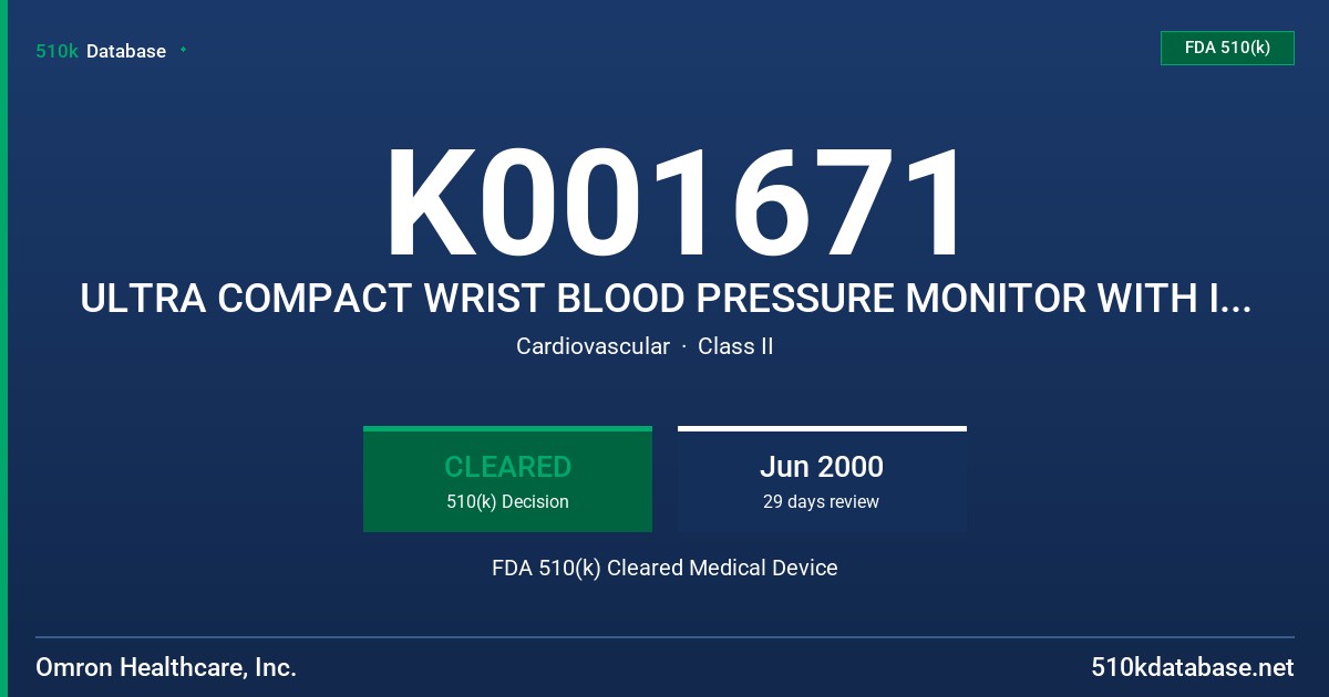 K001671 ULTRA COMPACT WRIST BLOOD PRESSURE MONITOR WITH INTELLISENSE, MODEL HEM-630 FDA 510(k) Cleared Medical Device