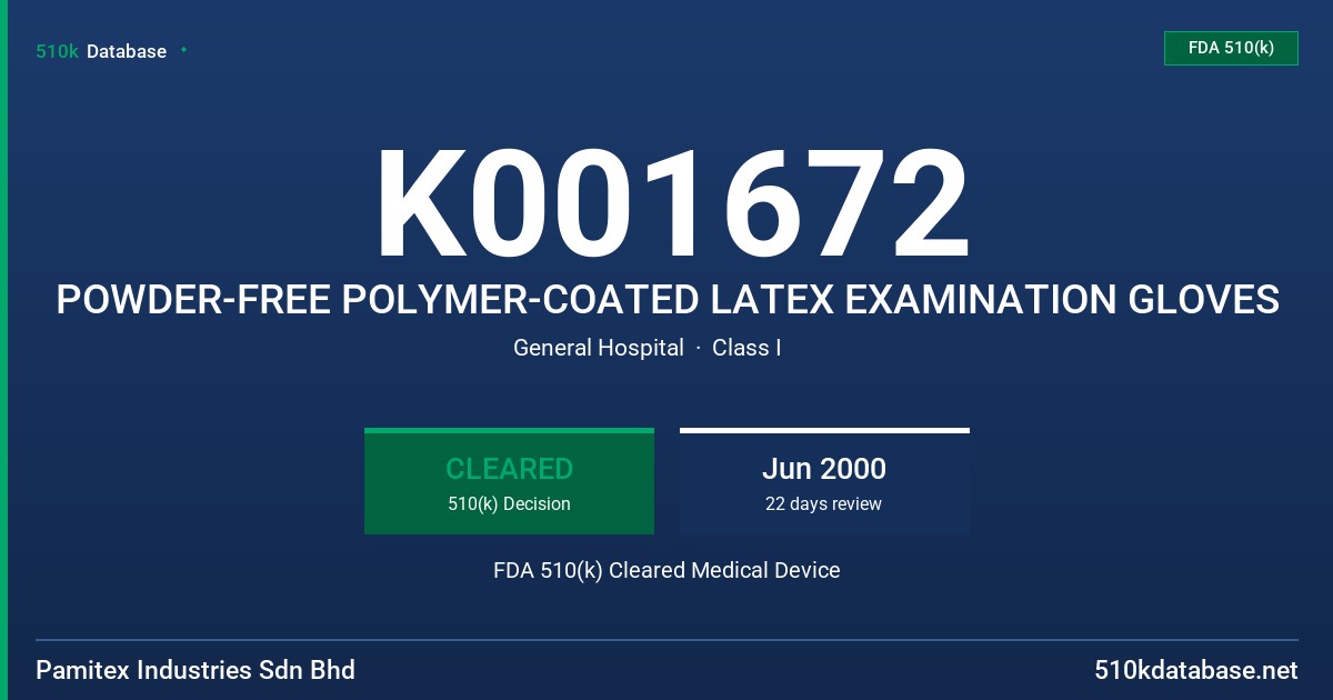 K001672 POWDER-FREE POLYMER-COATED LATEX EXAMINATION GLOVES FDA 510(k) Cleared Medical Device