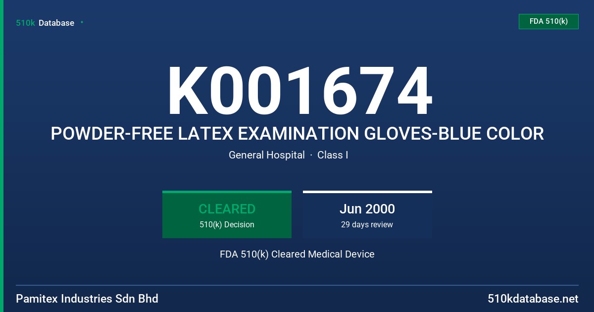 K001674 POWDER-FREE LATEX EXAMINATION GLOVES-BLUE COLOR FDA 510(k) Cleared Medical Device