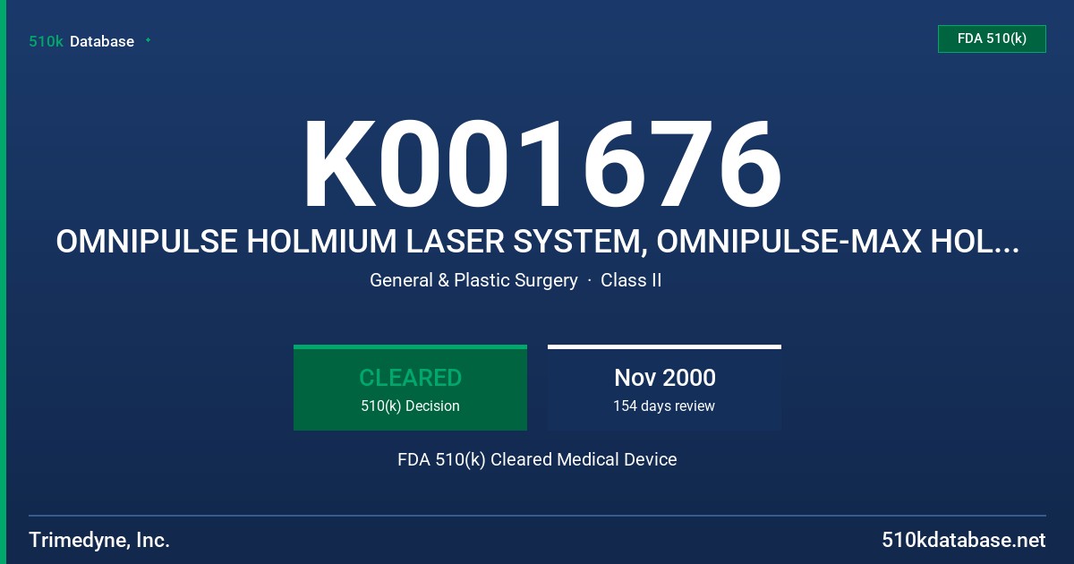 K001676 OMNIPULSE HOLMIUM LASER SYSTEM, OMNIPULSE-MAX HOLMIUM LASER SYSTEM, MODEL 1210, 1210-VHP, 1500-A FDA 510(k) Cleared Medical Device