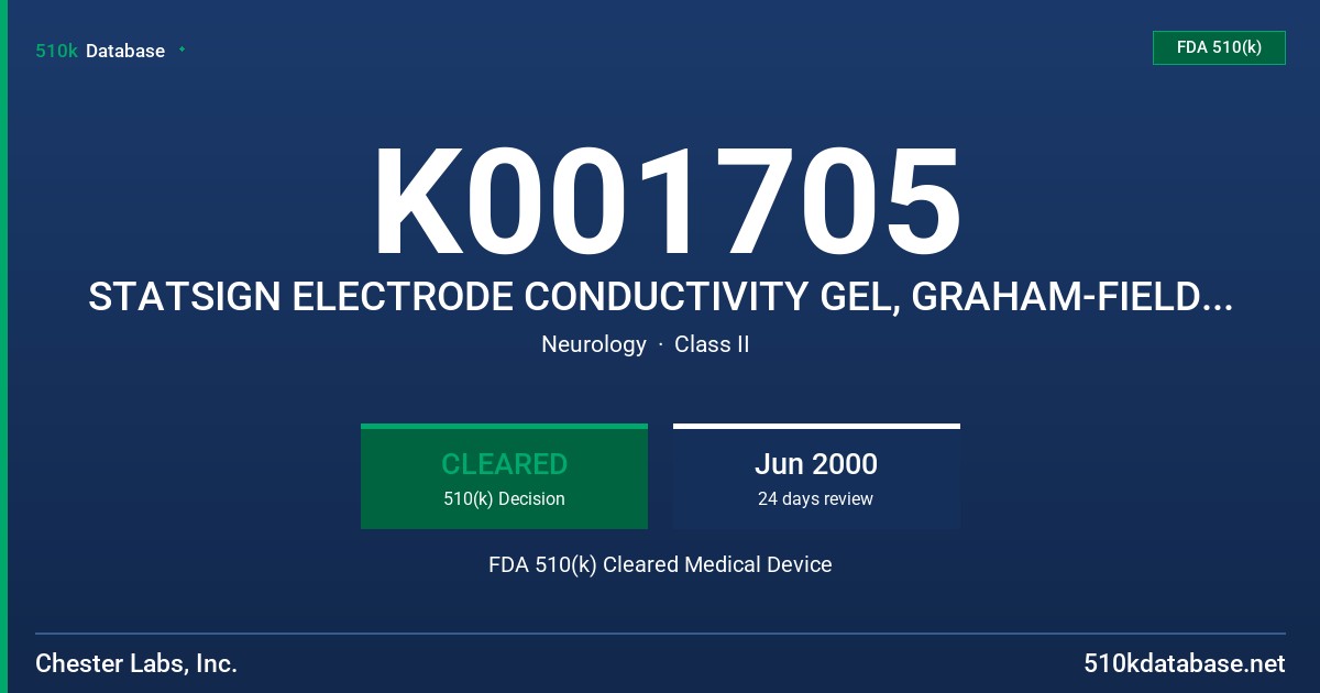 K001705 STATSIGN ELECTRODE CONDUCTIVITY GEL, GRAHAM-FIELD ELECTRODE CONDUCTIVITY GEL, MODELS 004008, 48-4000 2GF, 48-4000GF FDA 510(k) Cleared Medical Device