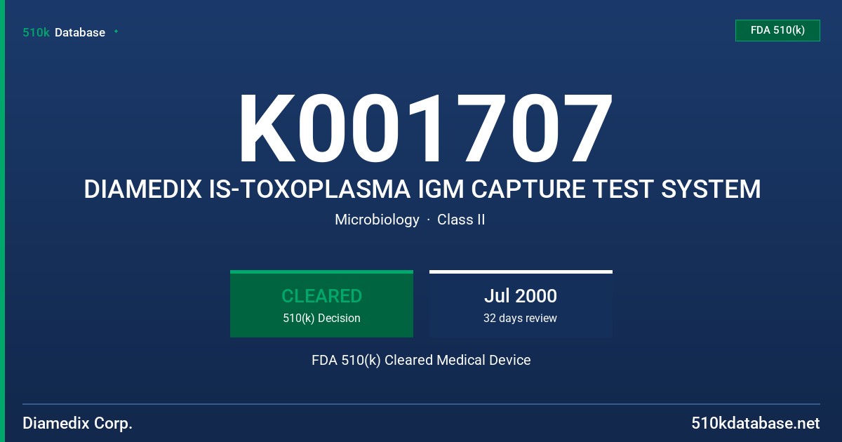 K001707 DIAMEDIX IS-TOXOPLASMA IGM CAPTURE TEST SYSTEM FDA 510(k) Cleared Medical Device