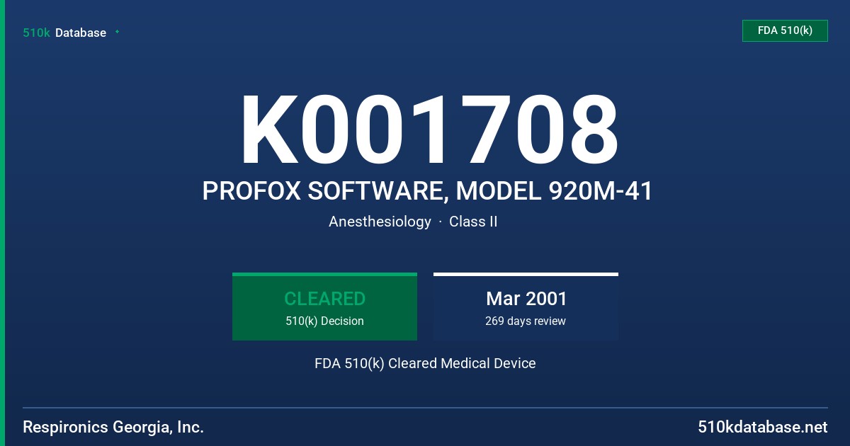 K001708 PROFOX SOFTWARE, MODEL 920M-41 FDA 510(k) Cleared Medical Device