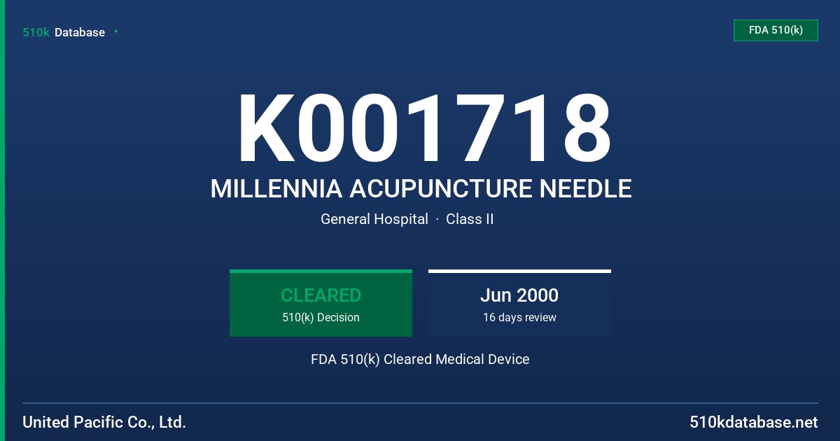 K001718 MILLENNIA ACUPUNCTURE NEEDLE FDA 510(k) Cleared Medical Device