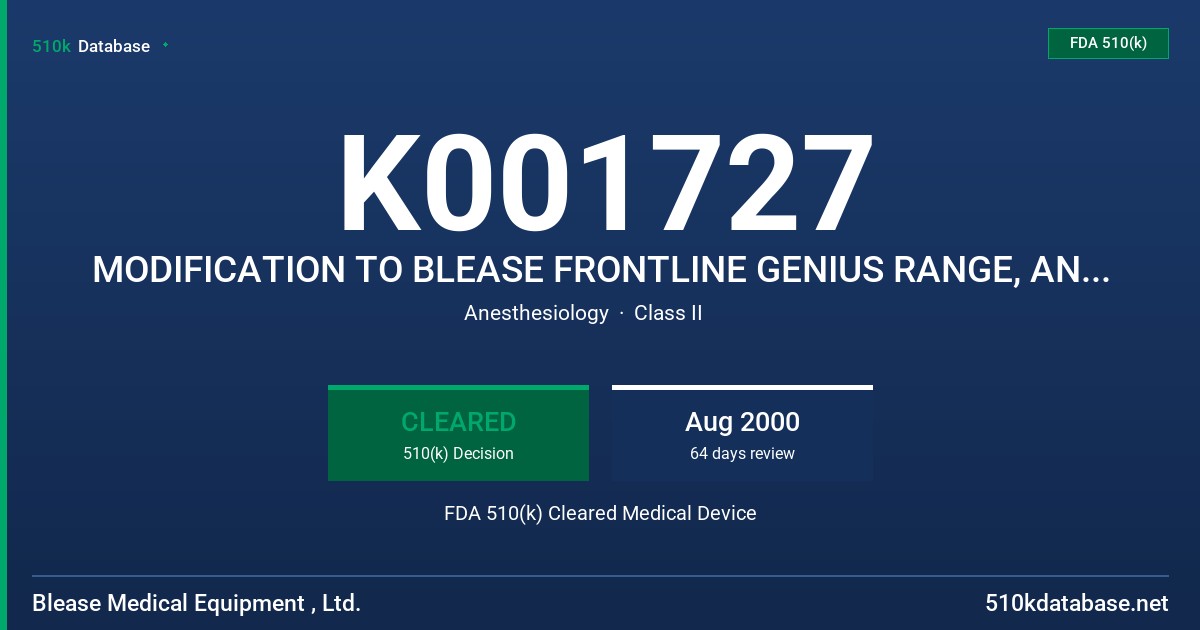 K001727 MODIFICATION TO BLEASE FRONTLINE GENIUS RANGE, ANESTHESIA MACHINES FDA 510(k) Cleared Medical Device