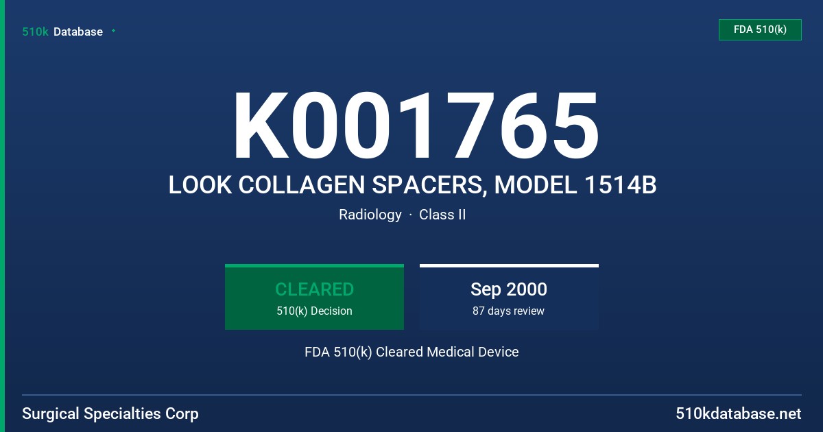 K001765 LOOK COLLAGEN SPACERS, MODEL 1514B FDA 510(k) Cleared Medical Device