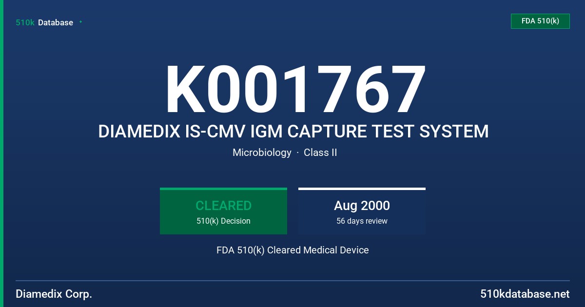 K001767 DIAMEDIX IS-CMV IGM CAPTURE TEST SYSTEM FDA 510(k) Cleared Medical Device