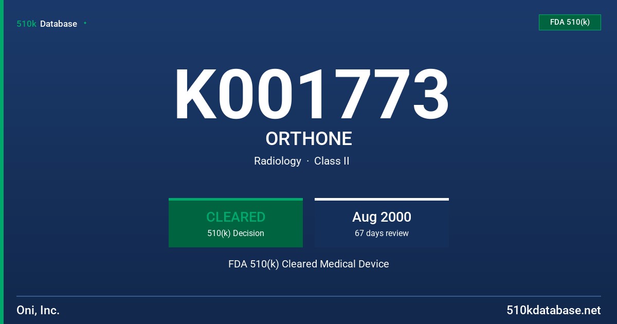 K001773 ORTHONE FDA 510(k) Cleared Medical Device