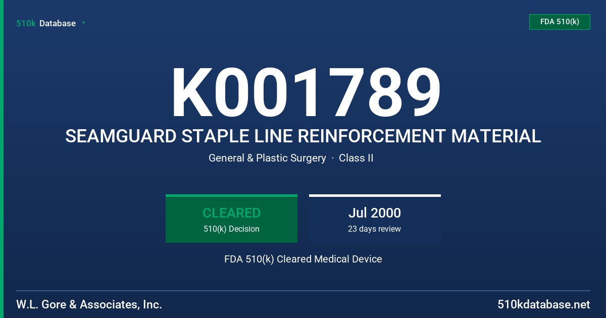 K001789 SEAMGUARD STAPLE LINE REINFORCEMENT MATERIAL FDA 510(k) Cleared Medical Device