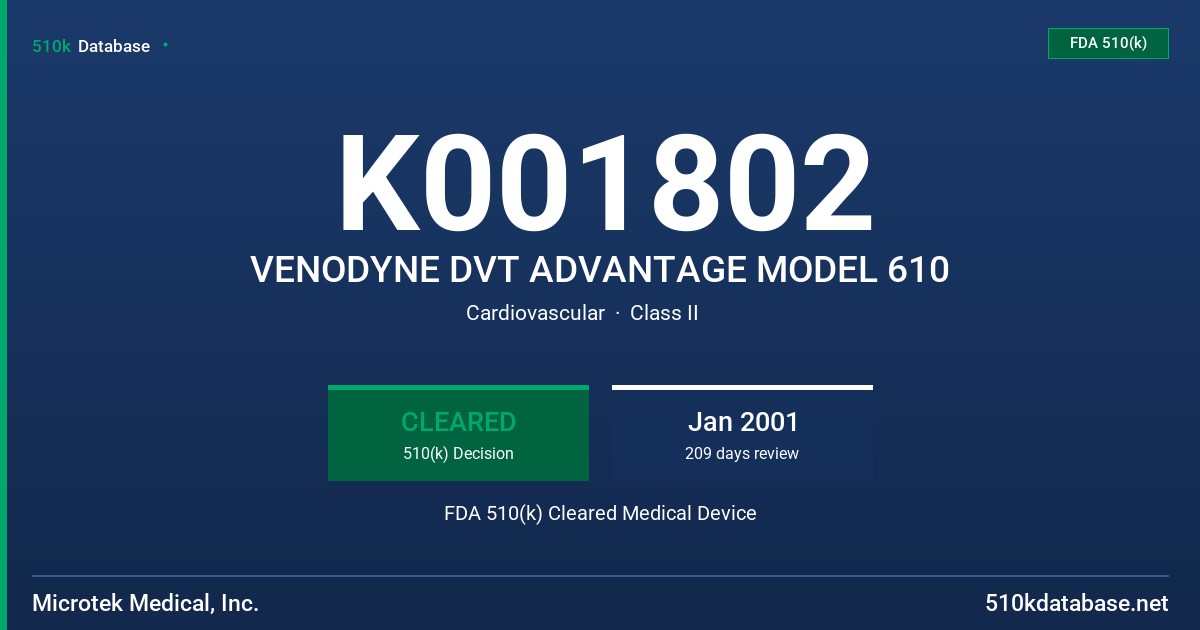 K001802 VENODYNE DVT ADVANTAGE MODEL 610 FDA 510(k) Cleared Medical Device