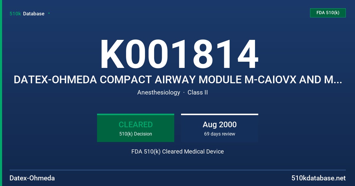 K001814 DATEX-OHMEDA COMPACT AIRWAY MODULE M-CAIOVX AND M-COVX (VERSION 01) AND ACCESSORIES FDA 510(k) Cleared Medical Device