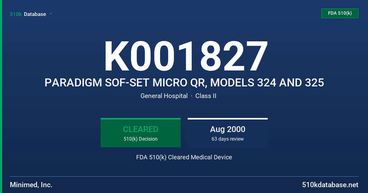 K001827 PARADIGM SOF-SET MICRO QR, MODELS 324 AND 325 FDA 510(k) Cleared Medical Device