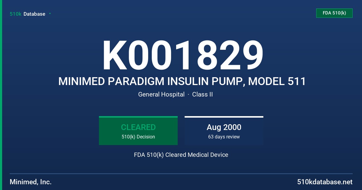K001829 MINIMED PARADIGM INSULIN PUMP, MODEL 511 FDA 510(k) Cleared Medical Device