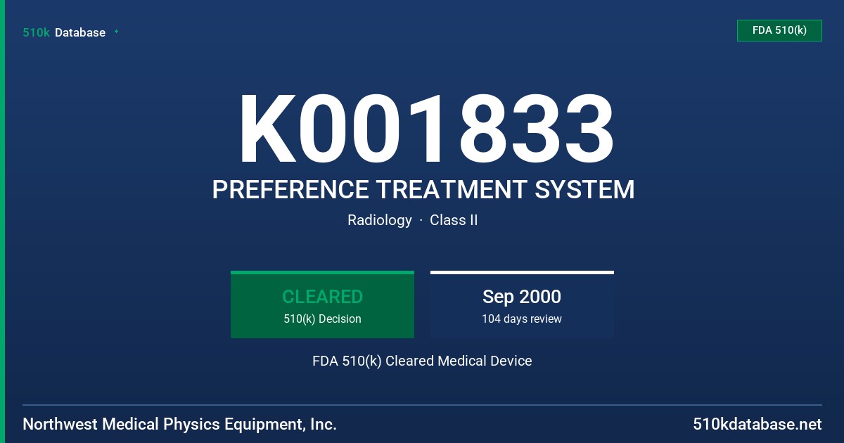 K001833 PREFERENCE TREATMENT SYSTEM FDA 510(k) Cleared Medical Device
