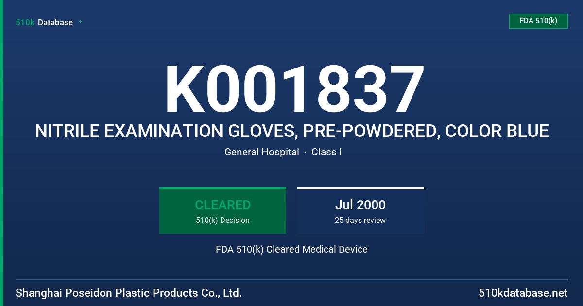 K001837 NITRILE EXAMINATION GLOVES, PRE-POWDERED, COLOR BLUE FDA 510(k) Cleared Medical Device