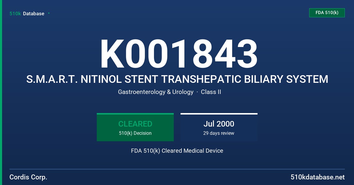 K001843 S.M.A.R.T. NITINOL STENT TRANSHEPATIC BILIARY SYSTEM FDA 510(k) Cleared Medical Device