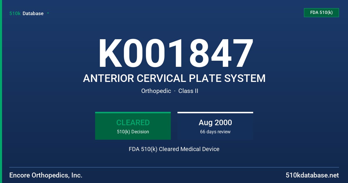 K001847 ANTERIOR CERVICAL PLATE SYSTEM FDA 510(k) Cleared Medical Device