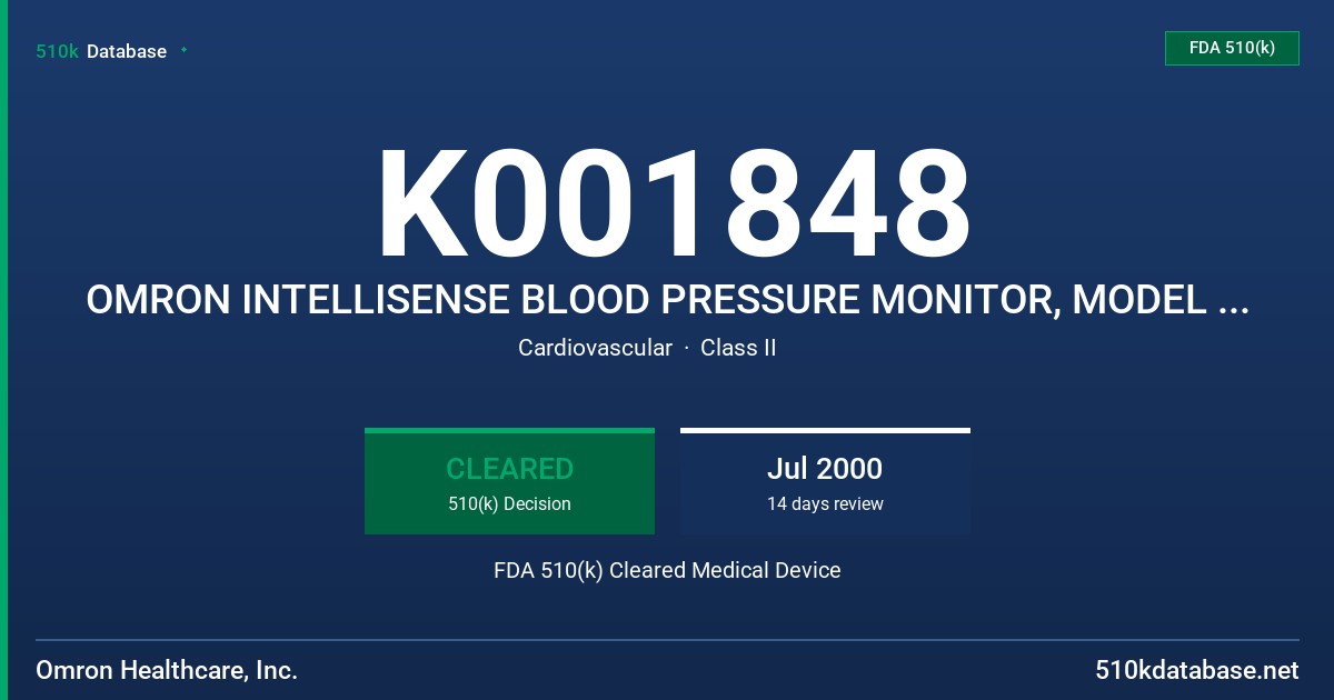 K001848 OMRON INTELLISENSE BLOOD PRESSURE MONITOR, MODEL HEM-907 FDA 510(k) Cleared Medical Device