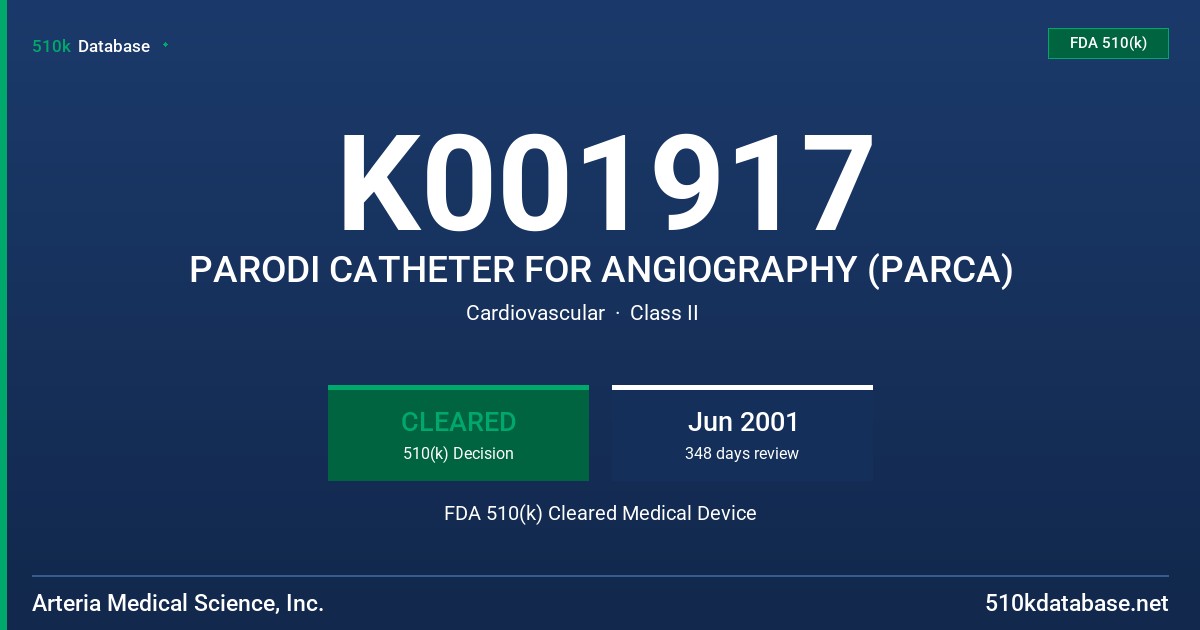 K001917 PARODI CATHETER FOR ANGIOGRAPHY (PARCA) FDA 510(k) Cleared Medical Device