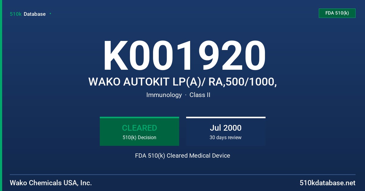 K001920 WAKO AUTOKIT LP(A)/ RA,500/1000, FDA 510(k) Cleared Medical Device