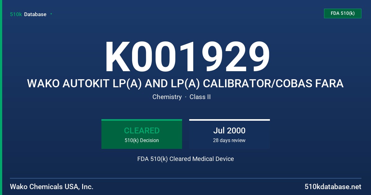 K001929 WAKO AUTOKIT LP(A) AND LP(A) CALIBRATOR/COBAS FARA FDA 510(k) Cleared Medical Device