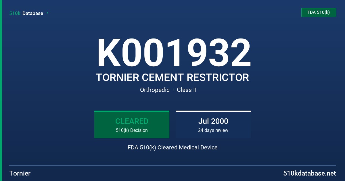 K001932 TORNIER CEMENT RESTRICTOR FDA 510(k) Cleared Medical Device