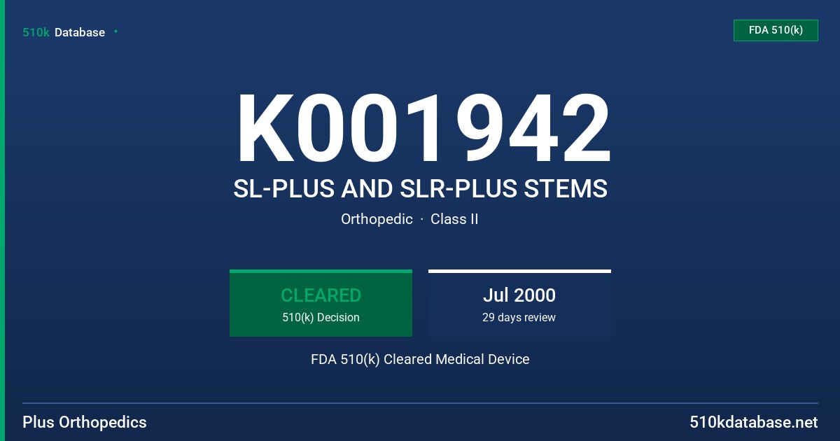 K001942 SL-PLUS AND SLR-PLUS STEMS FDA 510(k) Cleared Medical Device