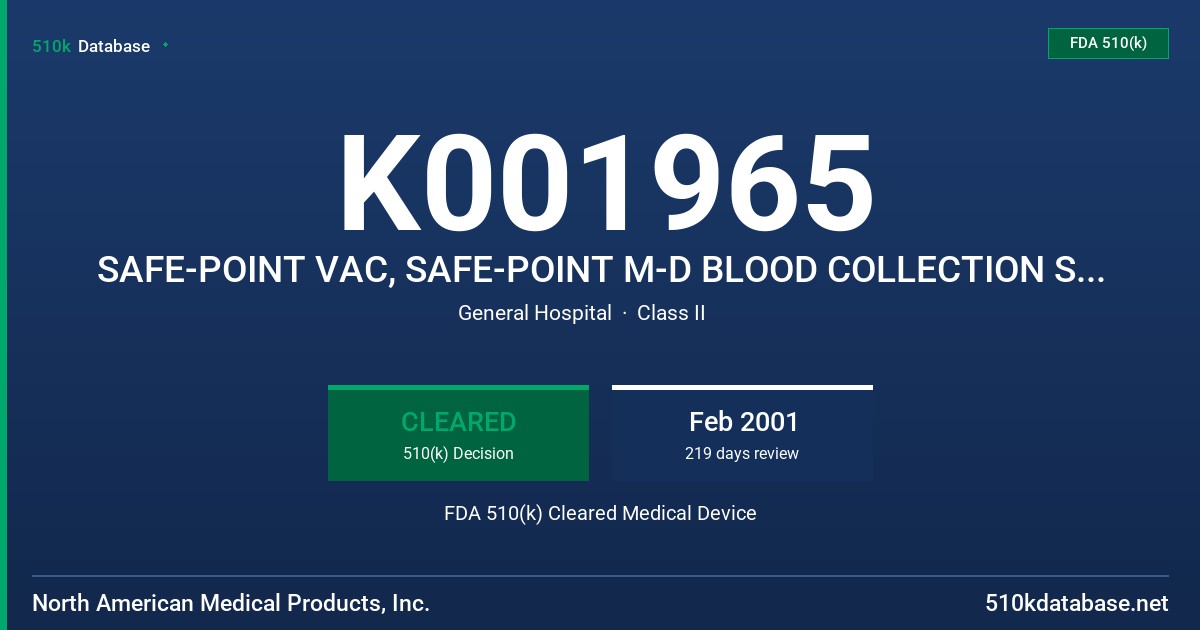 K001965 SAFE-POINT VAC, SAFE-POINT M-D BLOOD COLLECTION SYSTEMS FDA 510(k) Cleared Medical Device