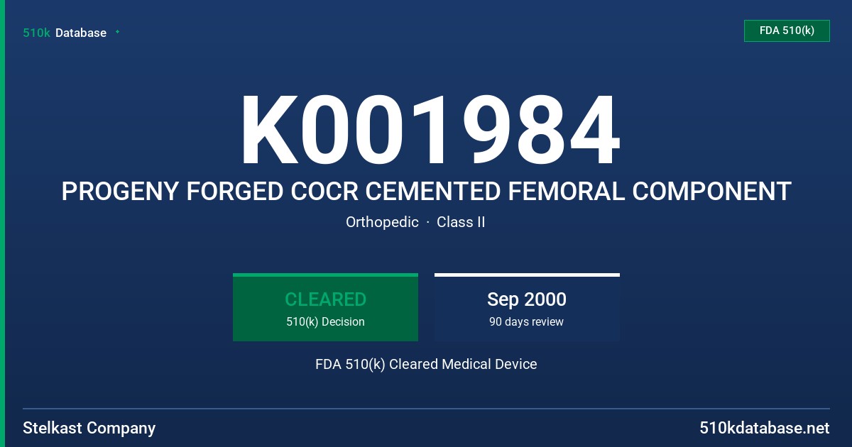 K001984 PROGENY FORGED COCR CEMENTED FEMORAL COMPONENT FDA 510(k) Cleared Medical Device