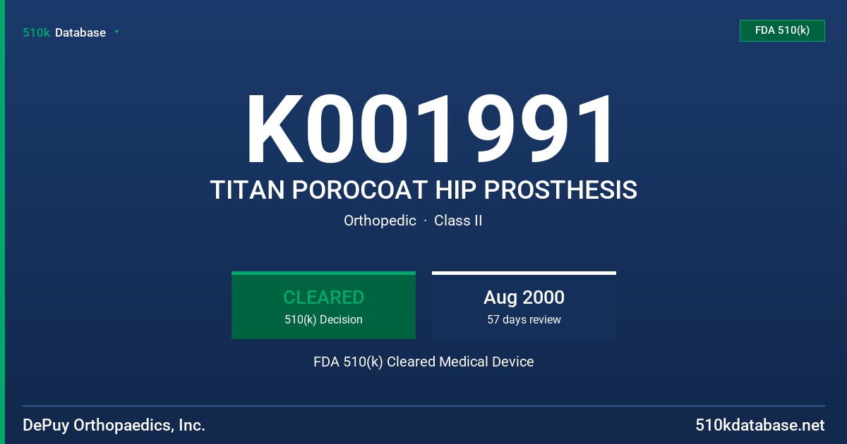 K001991 TITAN POROCOAT HIP PROSTHESIS FDA 510(k) Cleared Medical Device
