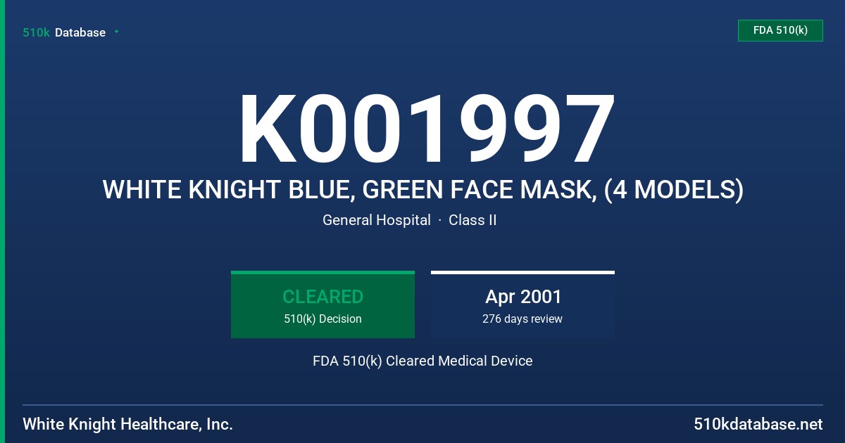 K001997 WHITE KNIGHT BLUE, GREEN FACE MASK, (4 MODELS) FDA 510(k) Cleared Medical Device