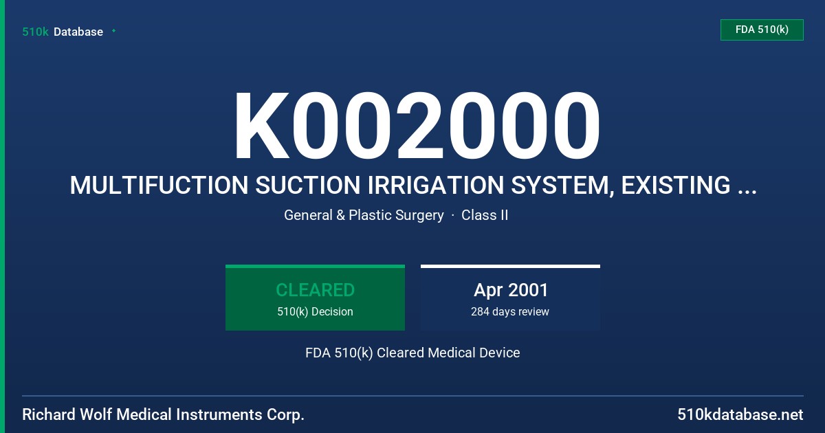 K002000 MULTIFUCTION SUCTION IRRIGATION SYSTEM, EXISTING OF SUCTION IRRIGATION HANDLES, SUCTION IRRIGATION TUBES, AND TUBE SETS FDA 510(k) Cleared Medical Device