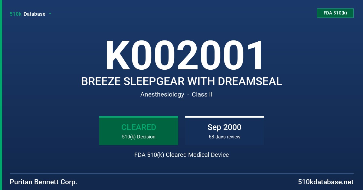 K002001 BREEZE SLEEPGEAR WITH DREAMSEAL FDA 510(k) Cleared Medical Device